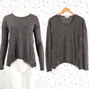 Double Zipper Hacci Sweater Knit Top Long Sleeve Charcoal Gray